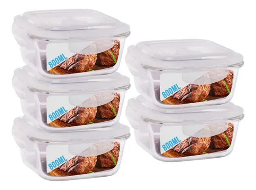 Conjunto 5 Pote Vidro 800ml Hermético Marmita Tampa 4 Travas