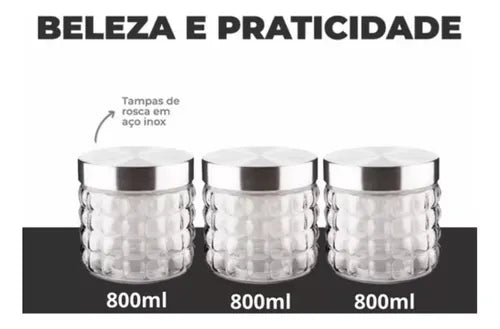 Jogo De Potes Redondo Mantimentos Tampa Rosca 3 Peças 800ml