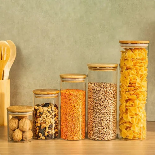 Kit 5 Potes De Vidro Herméticos Com Tampas De Bambu Diversos Tamanhos