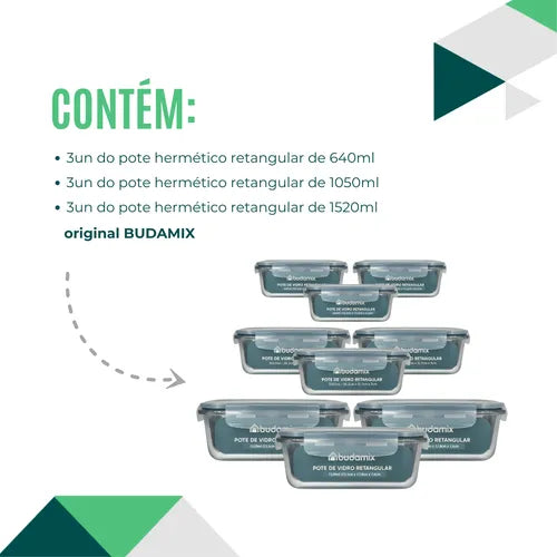Kit 9 Potes Vidro Hermético Tampa Com 4 Travas Marmita Fit