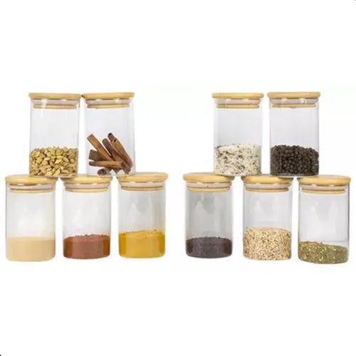 Jogo 10 Potes Hermeticos Vidro Tampa Bambu 300ml Mantimentos