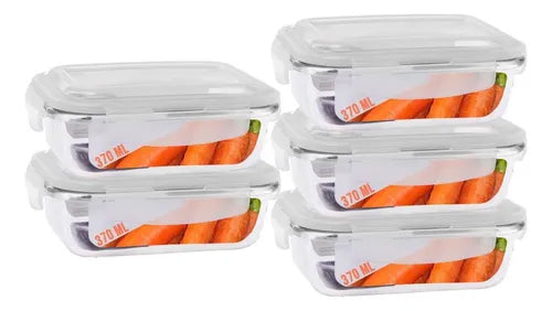 Conjunto 5 Potes Com 370ml Vidro Hermético Marmita Fitness