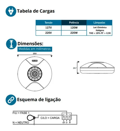 Sensor De Presença Movimento Teto 360º Timer Temporizador Sobrepor Embutir Exatron Lest4000 110V 220V Bivolt App Branco