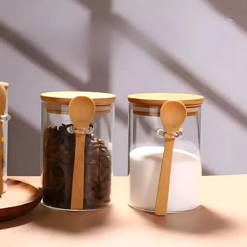 2 Potes De Vidro Hermético Colher Bambu Açucareiro E Saleiro