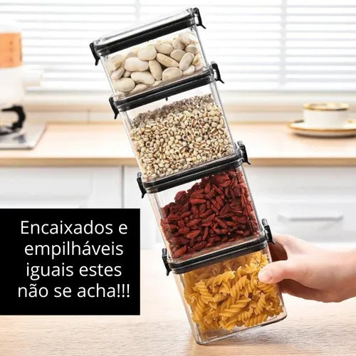 Kit 10 Potes P/ Alimentos Herméticos Quadrados Empilháveis