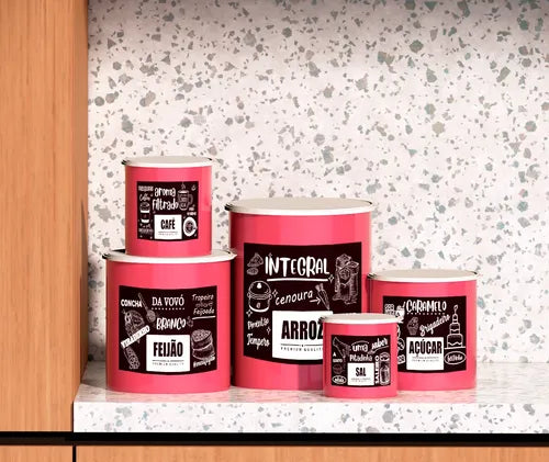 Kit 5 Potes De Mantimentos Plástico Decorado Preto Pb Frases Cor Conjunto 5 Rosa Pbfrases