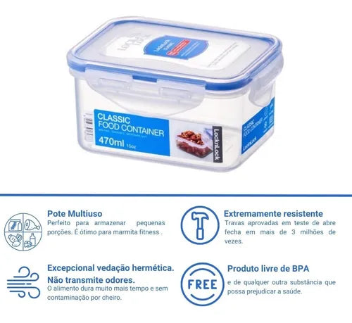 Conjunto Kit 3 Potes Herméticos Retangular Lock & Lock 470ml