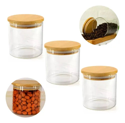 Kit 3 Porta Mantimento Vidro Tampa De Bambu 350ml Branco