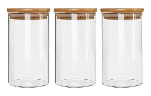 Kit 3 Potes Borossilicato Hermético Tampa Bambu 1100ml Class