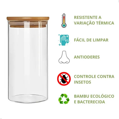 Kit 3 Pote Hermético Vidro Tampa Bambu 1000ml Mantimentos
