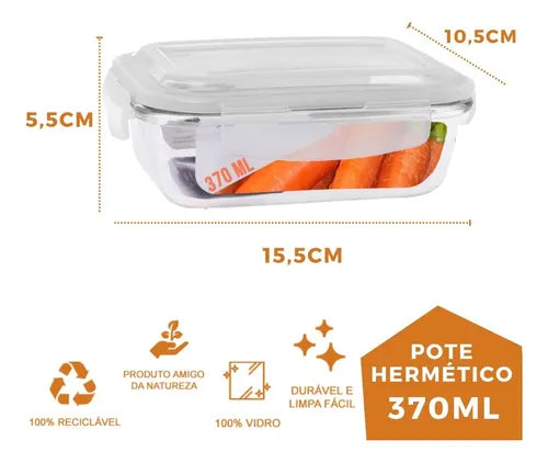 Conjunto 5 Potes Com 370ml Vidro Hermético Marmita Fitness