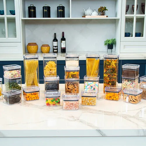 Kit 7 Potes Herméticos Mantimentos Quadrado Cozinha Tampa Hermética Amobox