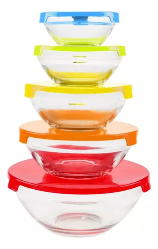 Jogo 5 Potes Tigelas Vidro Tampas Plásticas Coloridas- Dolce Home