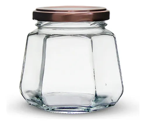 24 Potes De Vidro Sextavado 230ml Com Tampa Metálica E Lacre Cor Rosê Gold