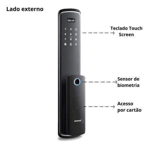 Fechadura Eletrônica Digital com Senha Biometria Digital e Cartão PT Wi-Fi Teclado Touch Screen e Bateria Recarregável Amvox Afc 2000