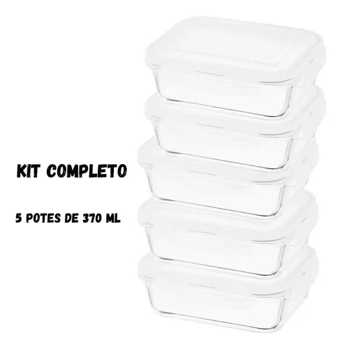 Conjunto 5 Pote Vidro Hermético Marmita Tampa Plástico 370ml