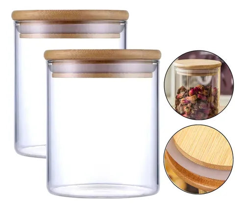 Jogo De Potes Herméticos 700 Ml 2 Unidades Vidro Tampa Bambu