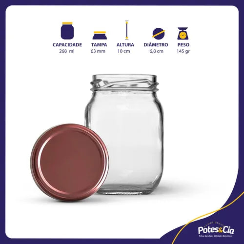 12 Potes Conserva 268ml Com Tampa Metálica E Lacre Cor Rosê Gold