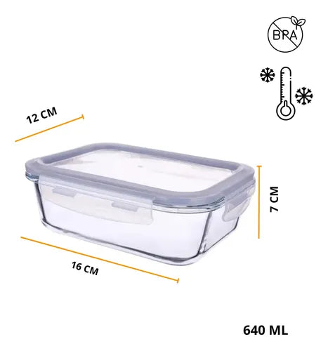 Yab - Kit 5 Potes De Vidro Marmita C/ Tampa Hermético 640ml Retangular 4 Travas Borossilicato Alimentos Micro-ondas Freezer Geladeira