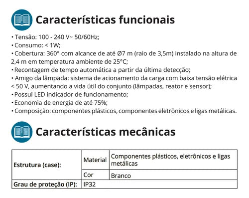 Sensor De Presença Movimento Teto 360° Dip Exatron Lestnidp 110V 220V Bivolt Branco