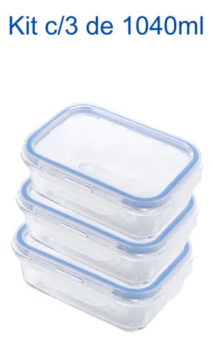 Kit 3 Potes Herméticos Marmitas Vidro 4 Travas 1040 Ml