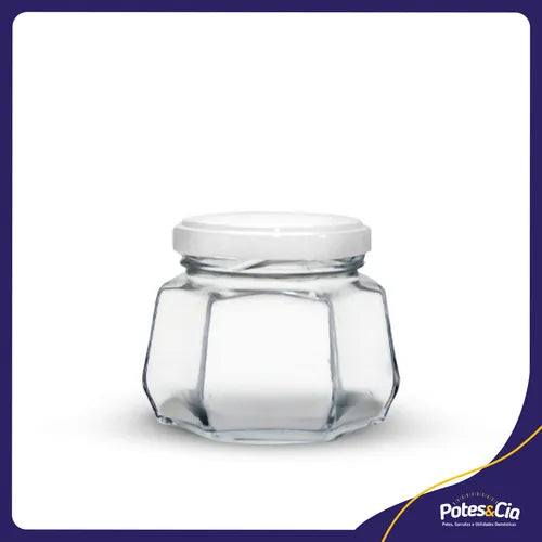 12 Potes De Vidro 170ml Sextavado + Tampa Metálica + Lacre Cor Branco