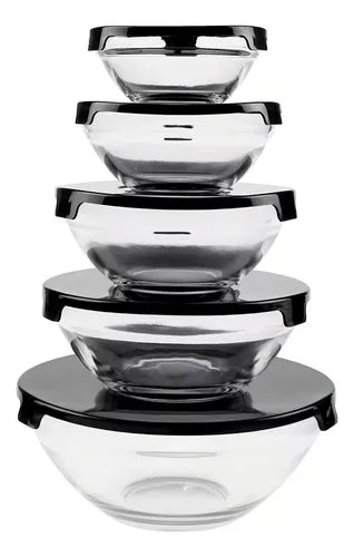 Jogo 5 De 5 Potes Vidro Tampa Plastico Bowls Hermetico Cor Transparente