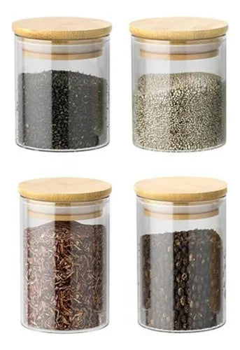 Kit 4 Pote De Vidro Hermético 550ml Bambu Mantimento Tempero