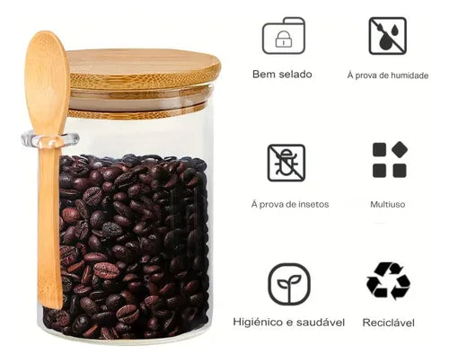 6 Potes De Vidro Redondo Tampa Bambu Hermético Colher 550ml