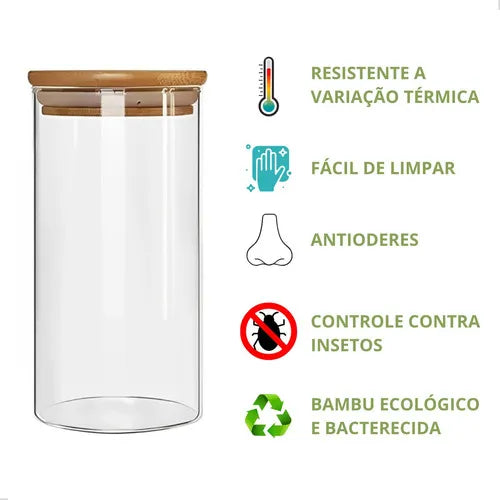 Kit 2 Potes Hermético Luxo De Vidro Para Alho E Sal