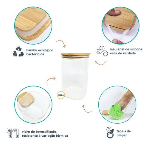 Potes De Mantimentos Quad 1100ml Com Tampa Bambu - 4 Pçs