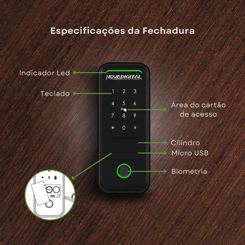 Fechadura Inteligente Eletrônica de Sobrepor Wi-fi Novadigital SM-07 Com Biometria Sem Maçaneta Cor Preto