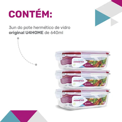 U4home Modelo Quentinha Marmita Conjunto 3 Pote Vidro Hermético Marmita Tampa Plástico 640ml Cor Vermelho