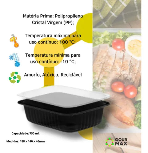 Pote Preto 24un 750ml Descartável Marmita C/ Tampa Hermética