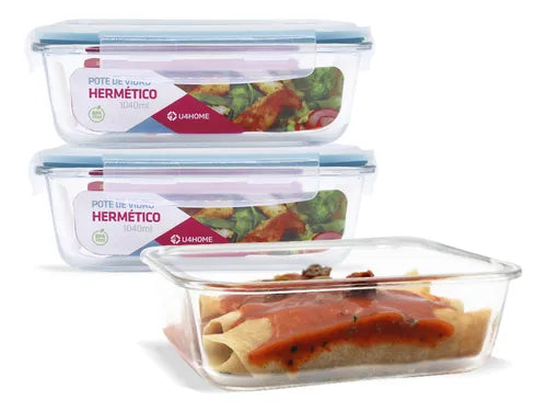 Kit 3 Potes Vidro 1040ml Marmita Hermetico Cor Azul cl U4home