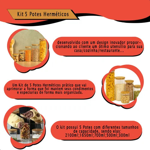 Kit 5 Potes De Vidro Herméticos Com Tampas De Bambu Diversos Tamanhos