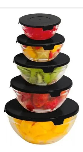 Jogo 5 De 5 Potes Vidro Tampa Plastico Bowls Hermetico Cor Transparente