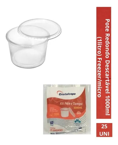 Pote Descartável Redondo 1000ml Freezer Microondas 25 unidades Cor Transparente