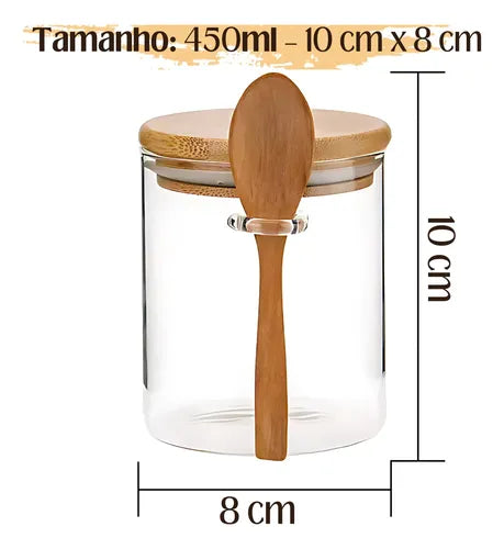 2 Potes De Vidro Hermético Colher Bambu Açucareiro E Saleiro