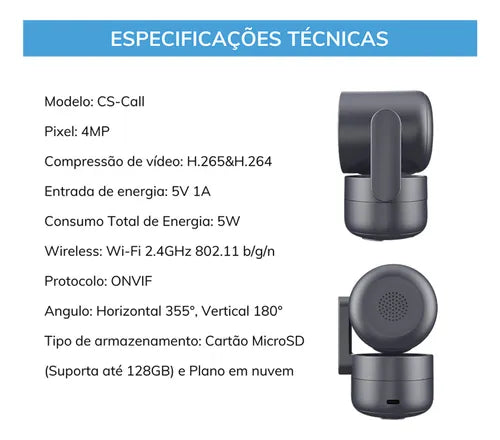 Câmera De Segurança Wifi Inteligente Novadigital Cs-call Botão Chamada Onvif Tuya Smart Life Alexa Google 110V 220V Bivolt Cinza