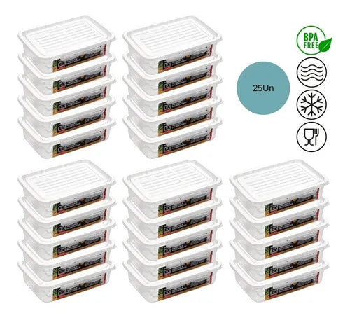 Kit 25 Marmita Fit Reutilizável Com Travas Microondas Congelador Cor Transparente modelo Smart Armazenador