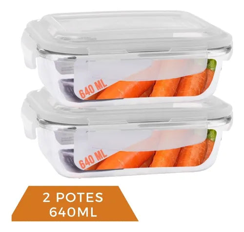 Jogo 2 Potes De Vidro Marmita Tampa 4 Trava Hermética 640ml