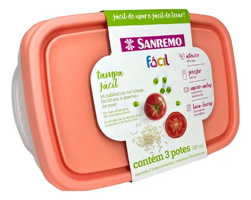 Kit 3 Potes Plásticos C/tampa 785 Ml Linha Fácil Sanremo Cor TAMPA COR CORAL