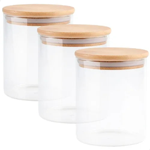 Kit De 3 Potes Herméticos Vidro Tampa Bambu 800ml U Unica Un Cor Transparente