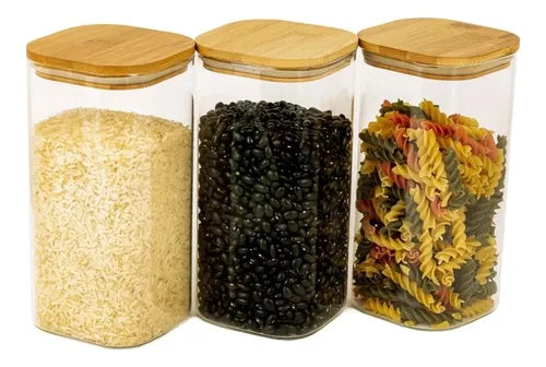 3 Potes Vidro Tampa Bambu 800ml Hermético Brav Quadrado Kit