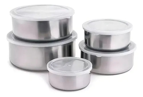 Jogo 5 Tigelas Pote Aço Inox Com Tampa Hermético Redondo