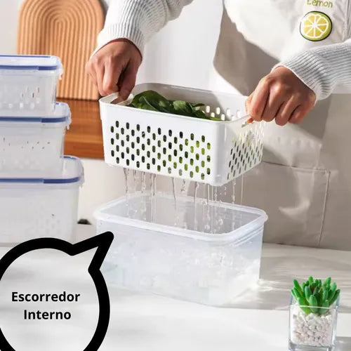 3 Potes Herméticos De Plastico C/ Escorredor Trava E Tampa