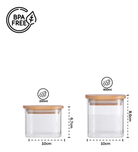 Kit 05 Potes Herméticos De Vidro Com Tampa De Bambu E Silicone Recipiente Armazenamento De Alimentos Jogo Porta Mantimentos Temperos Pote De Condimentos Organizador De Cozinha Multifuncional