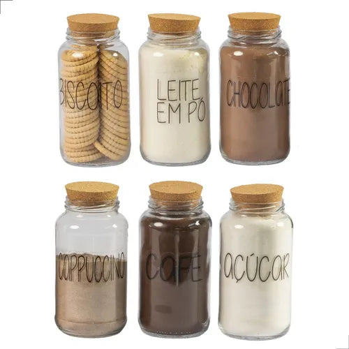 Kit 6 Potes Médios De Vidro 810 Ml Com Tampa Cortiça Cor Transparente