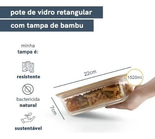 Pote De Vidro Tampa Bambu Retangular Hermético 1520ml